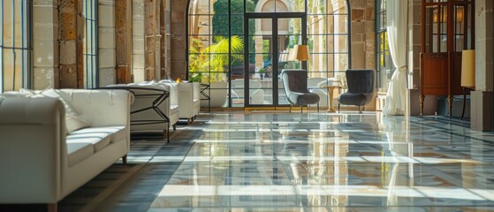 Neoclassical charm meets modern sophistication in this hotel lobby featuring glass and metal elements