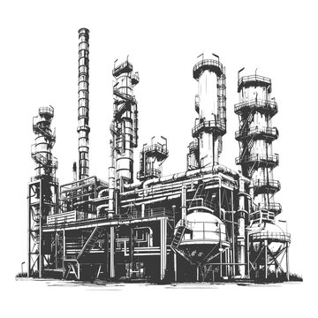 Monochrome refinery complex, detailed line art.
