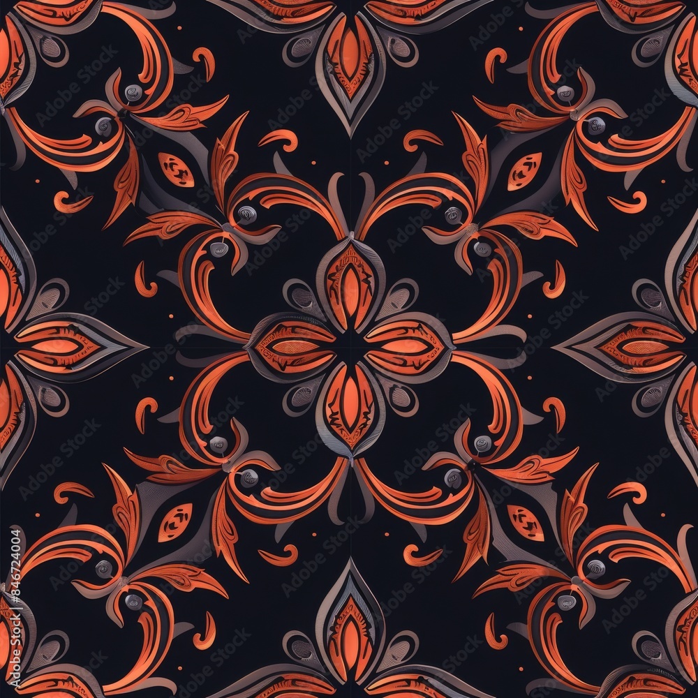 Poster seamless pattern. ornate floral pattern with intricate red and gray designs on a black background. s