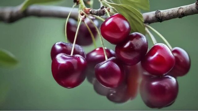 Ripe cherries on a tree branch.