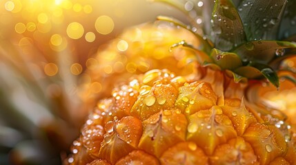 Close up of fresh pineapple with water droplets showcasing its vibrant yellow color and juicy texture perfect for tropical themes. Generative Ai
