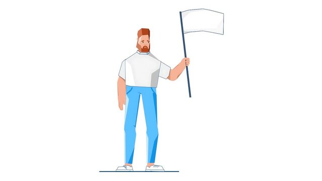 Illustrated Man Standing Holding White Flag, Symbolizing Surrender 2D Animation