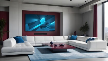 High end modern living room with white leather couch and a large flat screen tv mounted on the wall, brutalist architecture mixed with modern futuristic minimal design