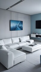 High end modern living room with white leather couch and a large flat screen tv mounted on the wall, brutalist architecture mixed with modern futuristic minimal design
