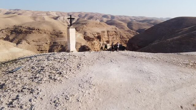 Aerial video above saint george monastery on a sunny day, Israel