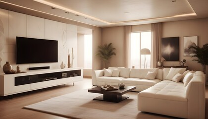 Fototapeta premium High end modern living room with white leather couch and a large flat screen tv mounted on the wall, brutalist architecture mixed with modern futuristic minimal design