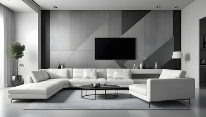 High end modern living room with white leather couch and a large flat screen tv mounted on the wall, brutalist architecture mixed with modern futuristic minimal design