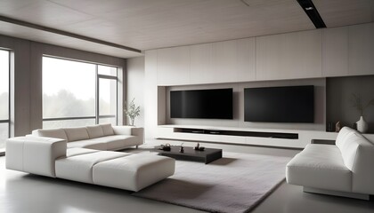 Fototapeta premium High end modern living room with white leather couch and a large flat screen tv mounted on the wall, brutalist architecture mixed with modern futuristic minimal design