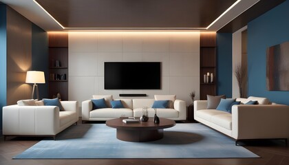 High end modern living room with white leather couch and a large flat screen tv mounted on the wall, brutalist architecture mixed with modern futuristic minimal design