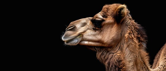 camel looking away against a black background