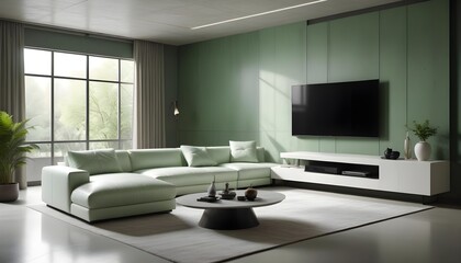 High end modern living room with white leather couch and a large flat screen tv mounted on the wall, brutalist architecture mixed with modern futuristic minimal design