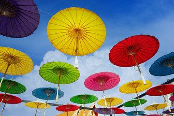 Naklejka premium Handmade umbrella of the village Bo Sang, Chiang mai, Thailand. It a famous handicraft and souvenir of Chiang mai