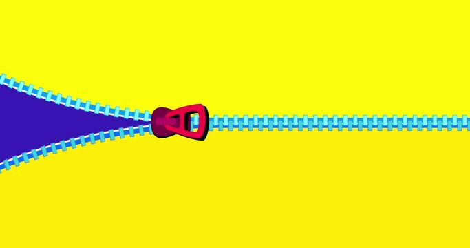 Zipper transition wipe horizontal yellow blue red isolated background. Cartoon fastener binder animation preset. Motion design element. Business, art, education, science, fashion.