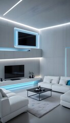 High end modern living room with white leather couch and a large flat screen tv mounted on the wall, brutalist architecture mixed with modern futuristic minimal design