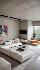 High end modern living room with white leather couch and a large flat screen tv mounted on the wall, brutalist architecture mixed with modern futuristic minimal design