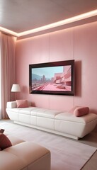 High end modern living room with white leather couch and a large flat screen tv mounted on the wall, brutalist architecture mixed with modern futuristic minimal design