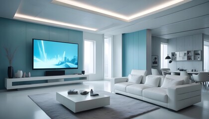 High end modern living room with white leather couch and a large flat screen tv mounted on the wall, brutalist architecture mixed with modern futuristic minimal design