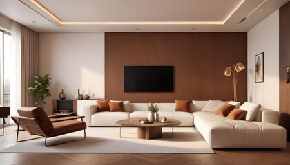 High end modern living room with white leather couch and a large flat screen tv mounted on the wall, brutalist architecture mixed with modern futuristic minimal design