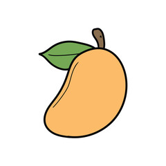 Hand drawn cartoon mango with leaf on white background.