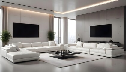 High end modern living room with white leather couch and a large flat screen tv mounted on the wall, brutalist architecture mixed with modern futuristic minimal design