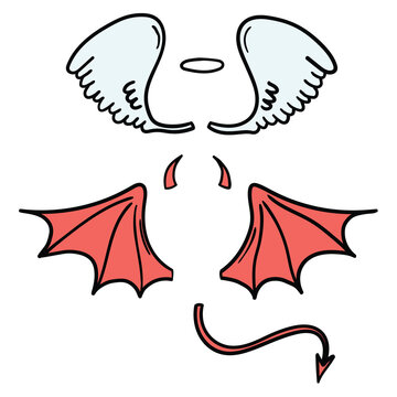 Hand drawn cartoon angel and devil wings on white background. Happy Halloween.