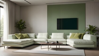 High end modern living room with white leather couch and a large flat screen tv mounted on the wall, brutalist architecture mixed with modern futuristic minimal design