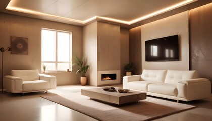 High end modern living room with white leather couch and a large flat screen tv mounted on the wall, brutalist architecture mixed with modern futuristic minimal design