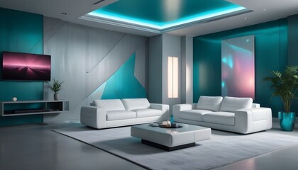 High end modern living room with white leather couch and a large flat screen tv mounted on the wall, brutalist architecture mixed with modern futuristic minimal design