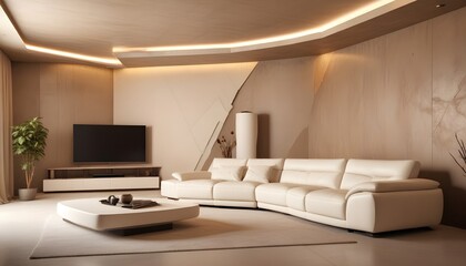 High end modern living room with white leather couch and a large flat screen tv mounted on the wall, brutalist architecture mixed with modern futuristic minimal design