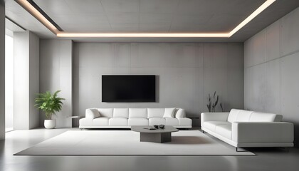 High end modern living room with white leather couch and a large flat screen tv mounted on the wall, brutalist architecture mixed with modern futuristic minimal design