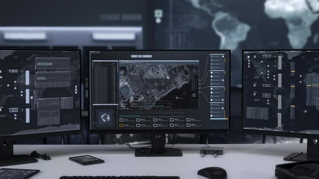 Satellite scanner used in the modern military control room. Satellite scanner searches for the position of the military enemy. Military satellite scanner identifies the location of the target.