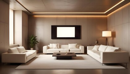 Fototapeta premium High end modern living room with white leather couch and a large flat screen tv mounted on the wall, brutalist architecture mixed with modern futuristic minimal design