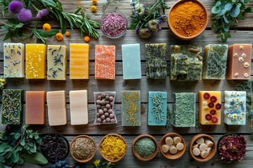 Handmade natural soaps with herbs and flowers on wooden table