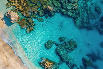 Obraz premium Aerial View of Pristine Coral Reef and Crystal Clear Turquoise Water Near a Sandy Beach Stunning Coastal Scenery, Perfect for Nature Lovers and Travel Enthusiasts
