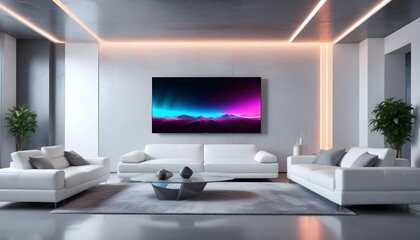 High end modern living room with white leather couch and a large flat screen tv mounted on the wall, brutalist architecture mixed with modern futuristic minimal design