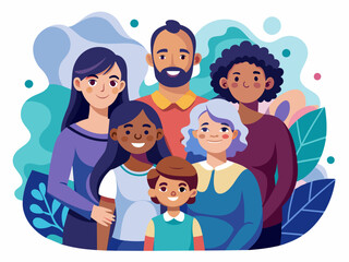 Diverse Family with Parents and Children of Different Backgrounds - Family Love and Inclusion Vector Illustration