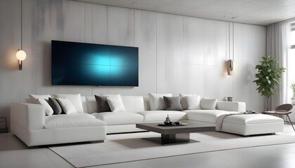 High end modern living room with white leather couch and a large flat screen tv mounted on the wall, brutalist architecture mixed with modern futuristic minimal design