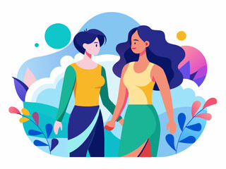 Lesbian Couple Holding Hands at the Beach - LGBTQ+ Love and Equality Vector Illustration