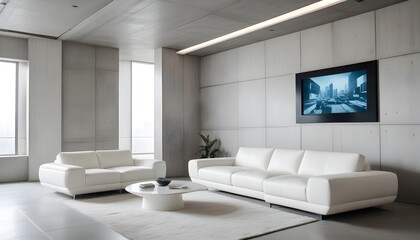 Fototapeta premium High end modern living room with white leather couch and a large flat screen tv mounted on the wall, brutalist architecture mixed with modern futuristic minimal design