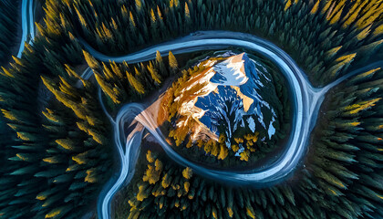 a mountain peak view at sunrise, with vibrant colors reflecting off the snowy caps, a well-worn trail leading towards the summit, and a cozy campsite with a tent and camp