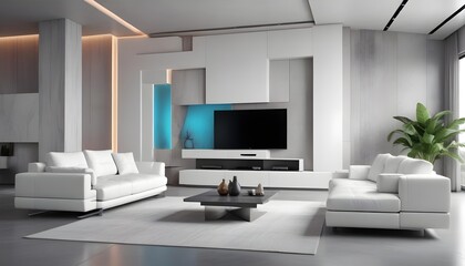 High end modern living room with white leather couch and a large flat screen tv mounted on the wall, brutalist architecture mixed with modern futuristic minimal design