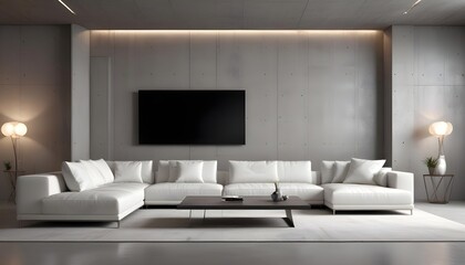 High end modern living room with white leather couch and a large flat screen tv mounted on the wall, brutalist architecture mixed with modern futuristic minimal design