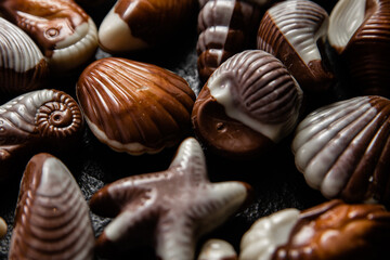 Chocolate candies in the shape of shells on a dark background