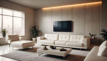 Fototapeta premium High end modern living room with white leather couch and a large flat screen tv mounted on the wall, brutalist architecture mixed with modern futuristic minimal design