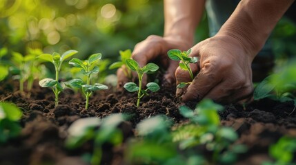 Fototapeta premium Agribusiness. Seeds are planted by farmer hands. Plant agriculture concept for business. Beginning of the seasonal agricultural work is farmer hands planting seeds in the suburbs.