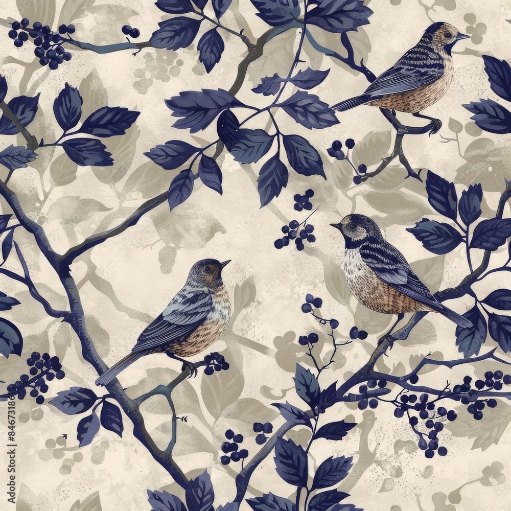Poster nature-inspired pattern with blue and brown birds on branches with berries for elegant wallpaper and