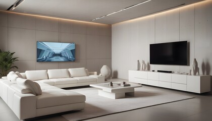 High end modern living room with white leather couch and a large flat screen tv mounted on the wall, brutalist architecture mixed with modern futuristic minimal design