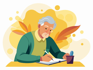 Elderly Man Writing a Letter with Abstract Background - Vector Illustration