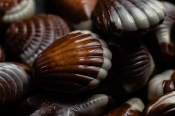 Chocolate candies in the shape of shells on a dark background