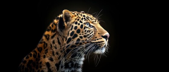 Obraz premium leopard looks away against the black backdrop, its silhouette symbolizing regal strength and nocturnal grace 
